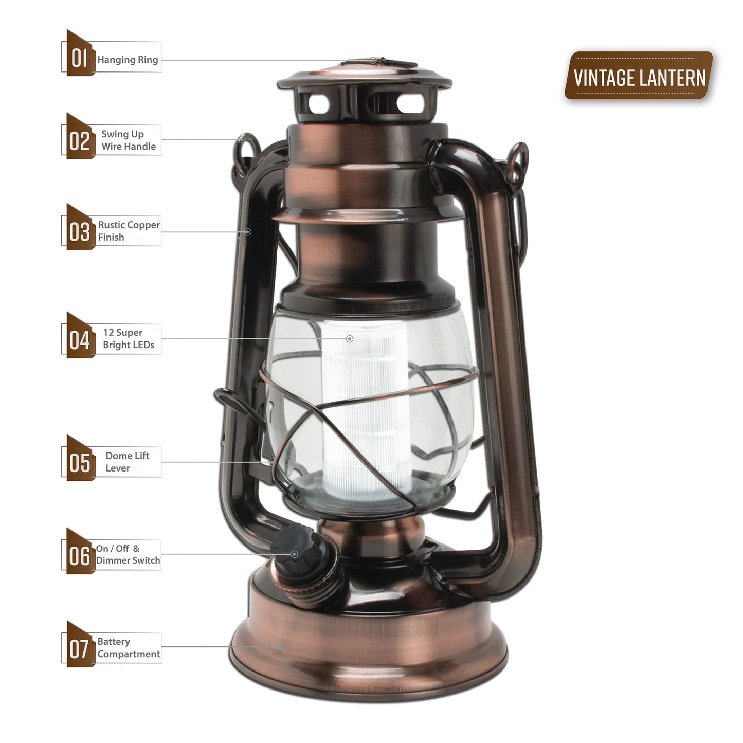 The North Point Vintage LED Lantern with Built-in Dimmer Switch in copper features a rustic finish, hanging ring, swing-up handle, 12 bright LEDs, dome lift lever, on/off switch, and labeled battery compartment—perfect for any setting.