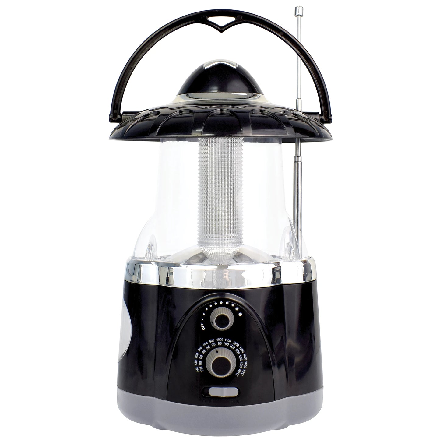 The North Point Multifunction Lantern & Flashlight with Built-in AM/FM Radio features a black and silver design, handle, antenna, front control knobs, and a clear section displaying the light tube—ideal for versatile lighting needs.