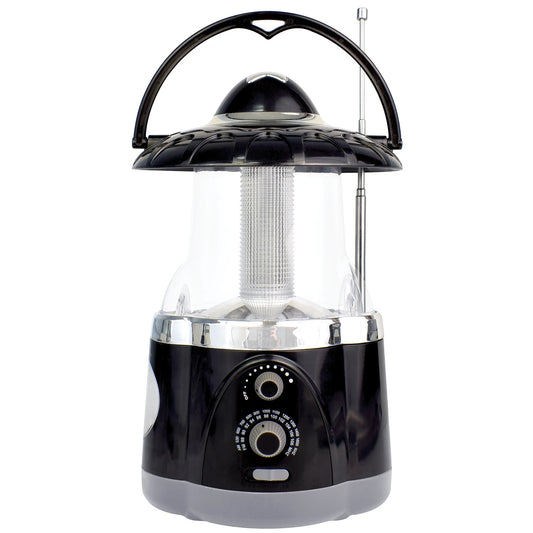 The North Point Multifunction Lantern & Flashlight with Built-in AM/FM Radio features a black and silver design, handle, antenna, front control knobs, and a clear section displaying the light tube—ideal for versatile lighting needs.