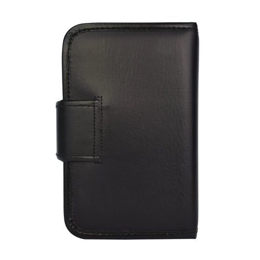The Smart Essentials 14-Day Pill & Vitamin Organizer in black, featuring a compact design and magnetic clasp with a stitched border, is shown closed against a white background.