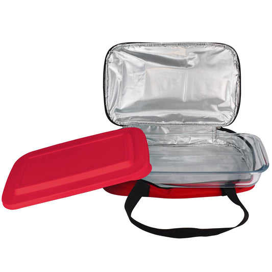 The Le Regalo Glass Casserole with Insulated Carry Bag features a rectangular dish with a red plastic lid, housed in a silver-lined carrier with sturdy black handles—perfect for transporting your bake-and-take meals or carrying your favorite dish.