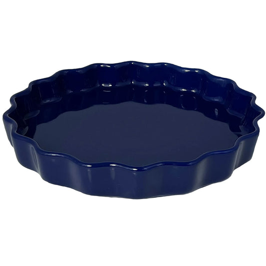 The Le Regalo Stoneware Pie Dish by Le Regalo features deep blue stoneware and fluted, scalloped edges—ideal for homemade pies. Shown empty against a white background.