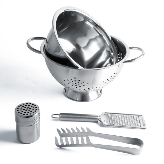 The Le Regalo 5 Piece Stainless Steel Pasta Set includes a mixing bowl, colander, shaker, grater, spaghetti tongs, and pasta server. With an elegant design and dishwasher-safe items, it’s ideal for any modern kitchen.