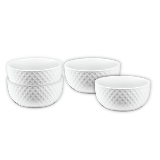 The Le Regalo 4 Piece Stoneware Bowl Set features four white bowls with a subtle honeycomb pattern, adding texture and elegance to any table. Oven safe and stylish, they come from trusted brand Le Regalo.