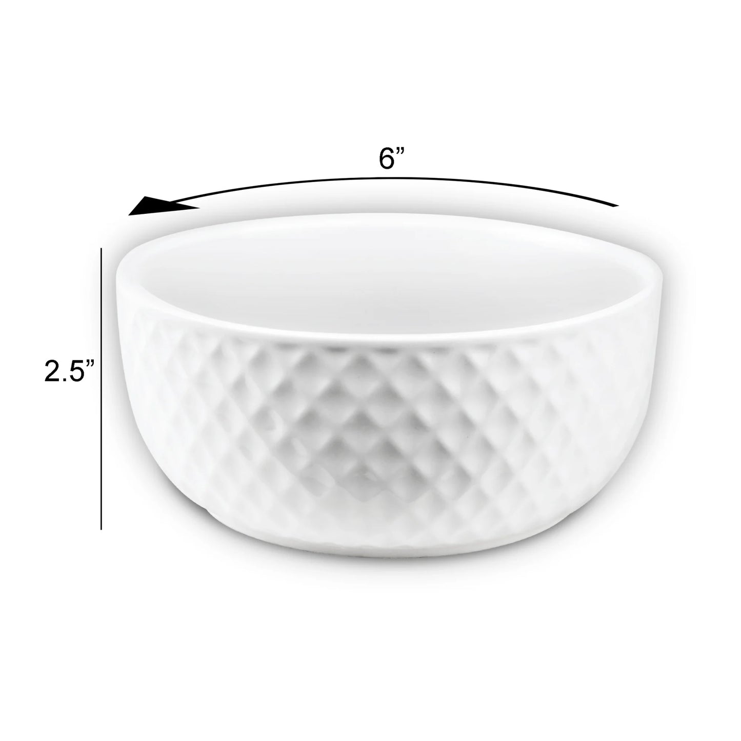 The Le Regalo 4 Piece Stoneware Bowl Set by Le Regalo features white textured ceramic bowls with a diamond pattern, each measuring 6 in diameter and 2.5 in height—oven safe and ideal for versatile use.