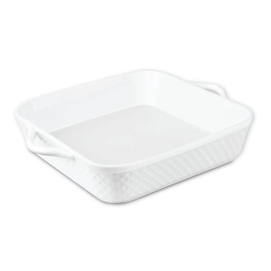 The Le Regalo 10 Stoneware Square Baker features textured white ceramic sides and two handles. Oven safe, this Le Regalo baker is shown empty on a white background.