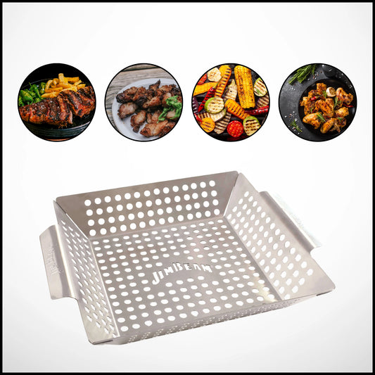 The Jim Beam Stainless Steel Grilling Wok features handles and perforated holes. Ideal for stir-fry lovers, it’s shown above four images: grilled steak, skewered meats, assorted vegetables, and seasoned roasted veggies.