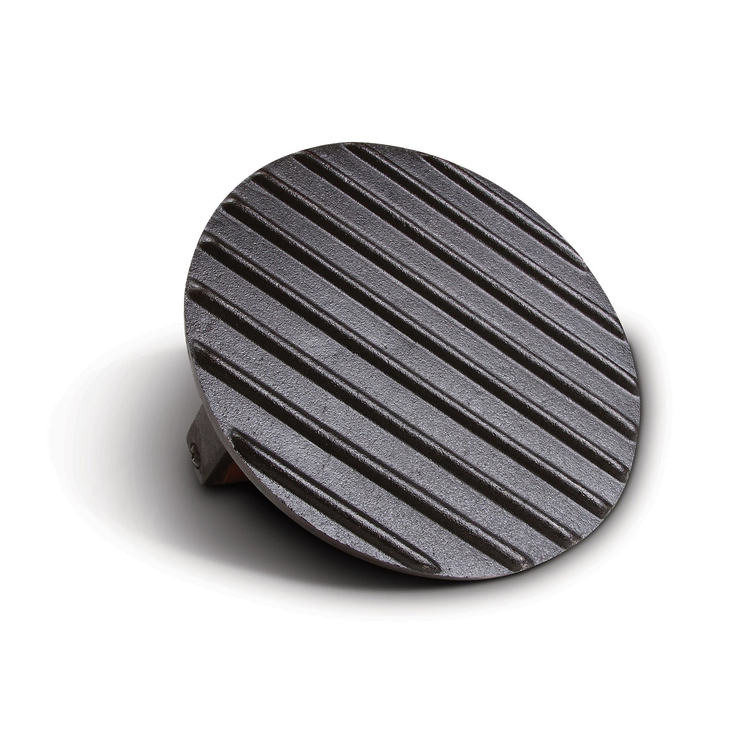 A must-have for grilling fans, the Jim Beam Cast Iron Burger Press features diagonal surface ridges and is shown resting on a plain white background.