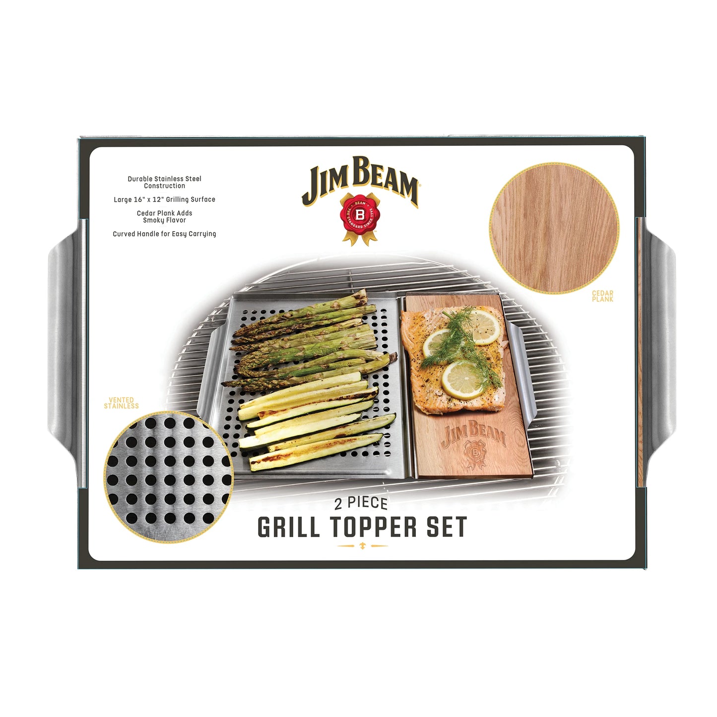 Front of a Jim Beam 2 Piece Grill Topper Set box, displaying a vented stainless steel topper with vegetables and a cedar plank topper, along with close-ups of grill holes and the cedar woods rich texture.