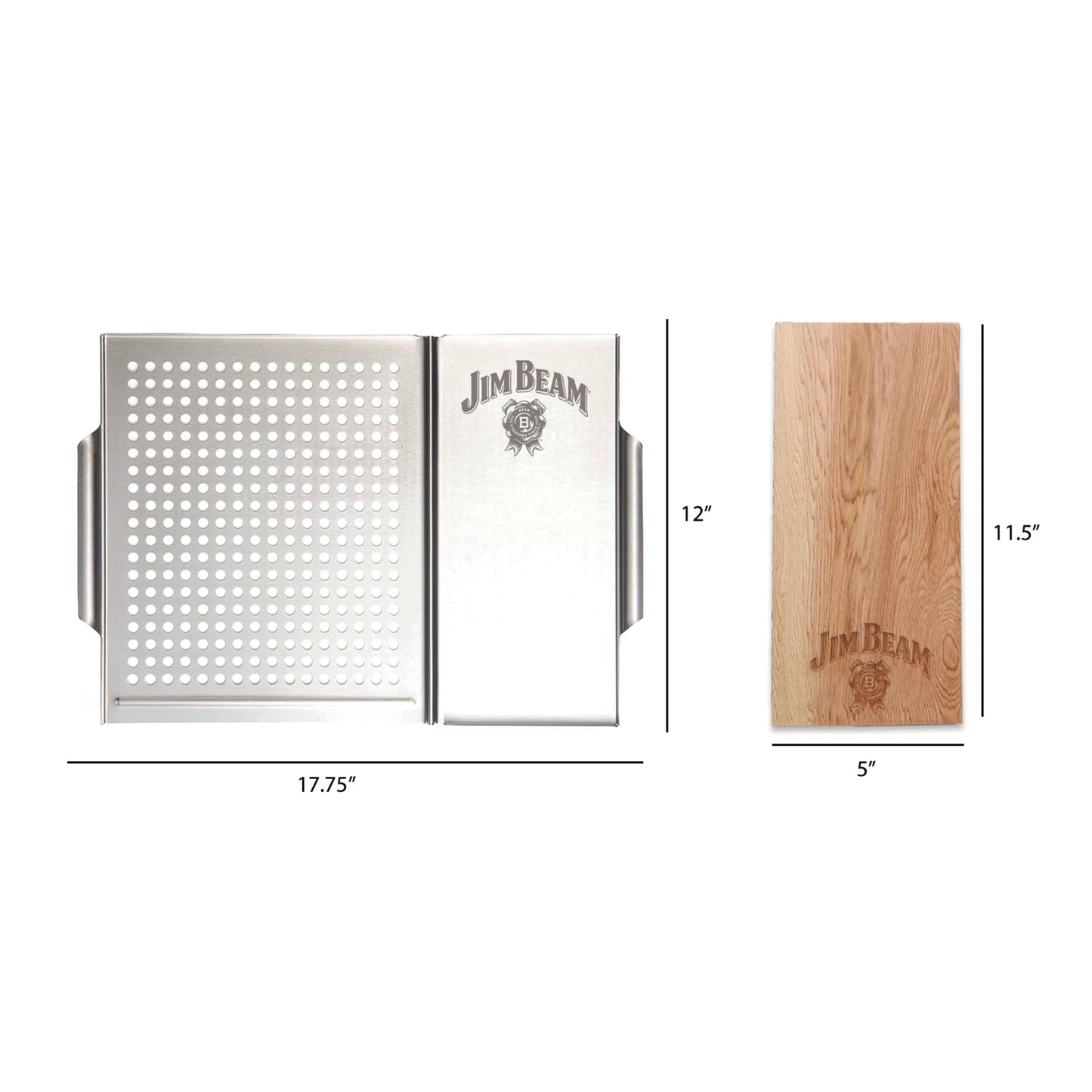 The Jim Beam 2 Piece Grill Topper Set includes a vented topper (17.75 x 12) with perforated and solid sections and a cedar plank topper (11.5 x 5), both featuring the iconic Jim Beam logo.