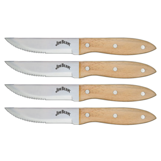 The Jim Beam 4 Piece Serrated Steak Knife Set features stainless steel blades, ergonomic handles with three metal rivets, and the Jim Beam logo on each blade. The four knives are displayed in a horizontal row.