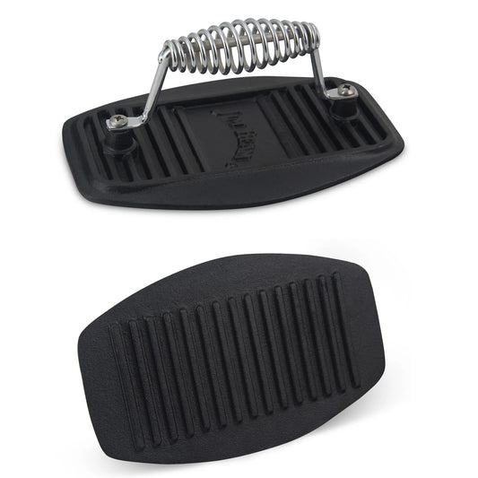The Jim Beam Cast Iron Meat Press, shown with a metal coil handle and ribbed underside, is an essential grilling tool for pressing food evenly while cooking.