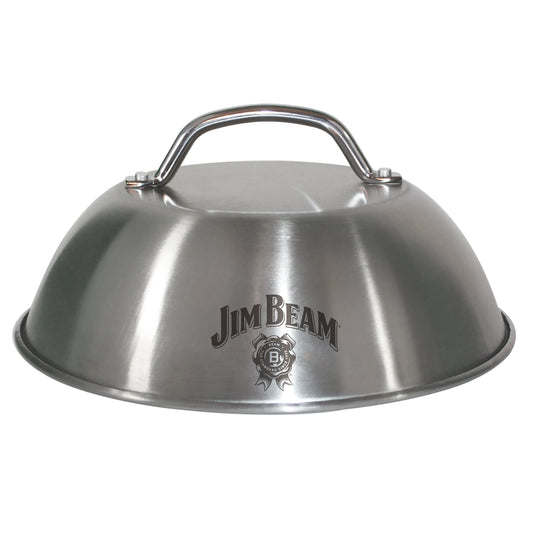 The Jim Beam Stainless Steel 9 Burger Dome features a top handle and branded logo, making it ideal for enhancing your grilling experience and evenly melting cheese on burgers.
