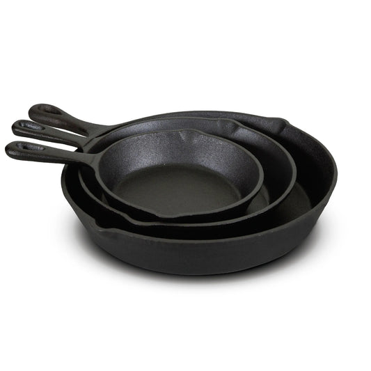 The Jim Beam Cast Iron 3 Piece Skillet Set features three round, pre-seasoned skillets of different sizes stacked together with sturdy handles—offering classic, versatile cookware for any kitchen.