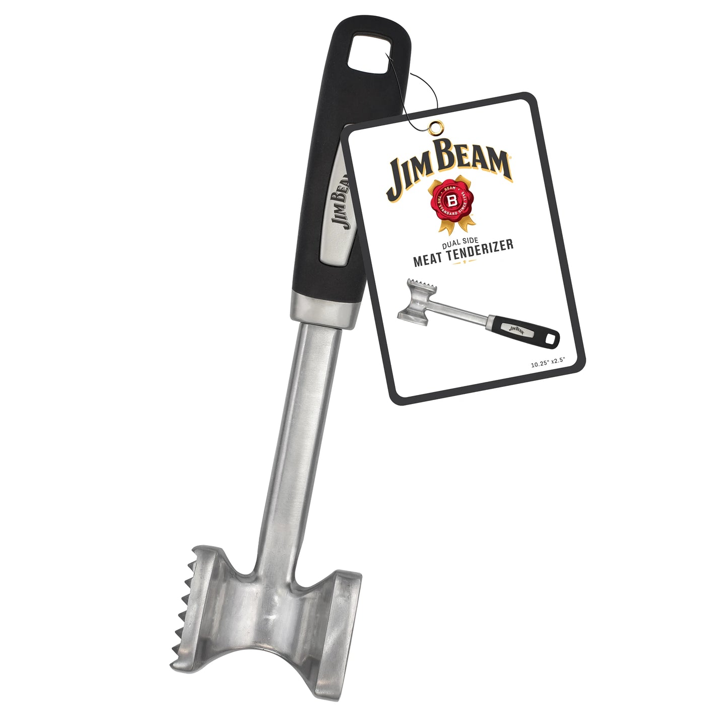 The Jim Beam Dual Side Meat Tenderizer features heavy-duty metal construction, a black handle, and textured dual sides. It comes with a product tag displaying the Jim Beam brand and product image.