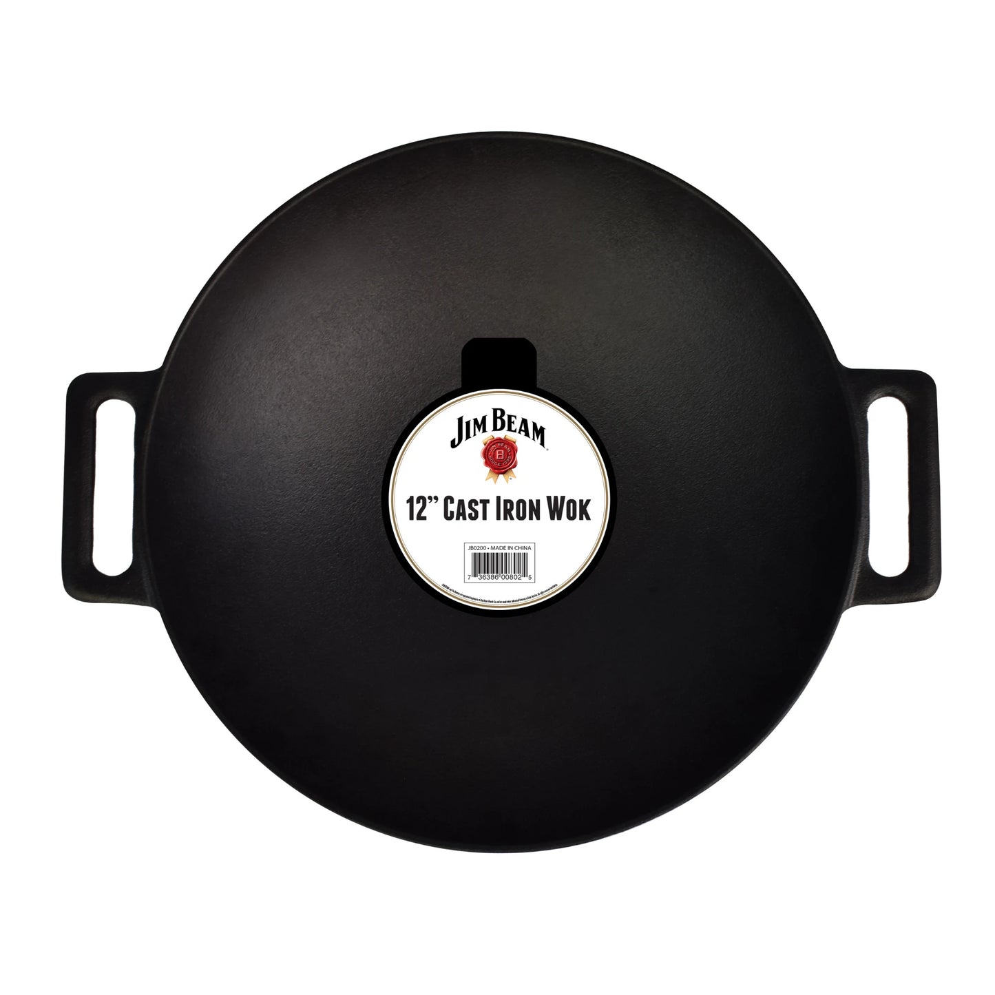 Overhead view of the Jim Beam 12 Cast Iron Wok in black, pre-seasoned cast iron with two handles. The center label shows the Jim Beam brand. This essential cookware is displayed on a white background.
