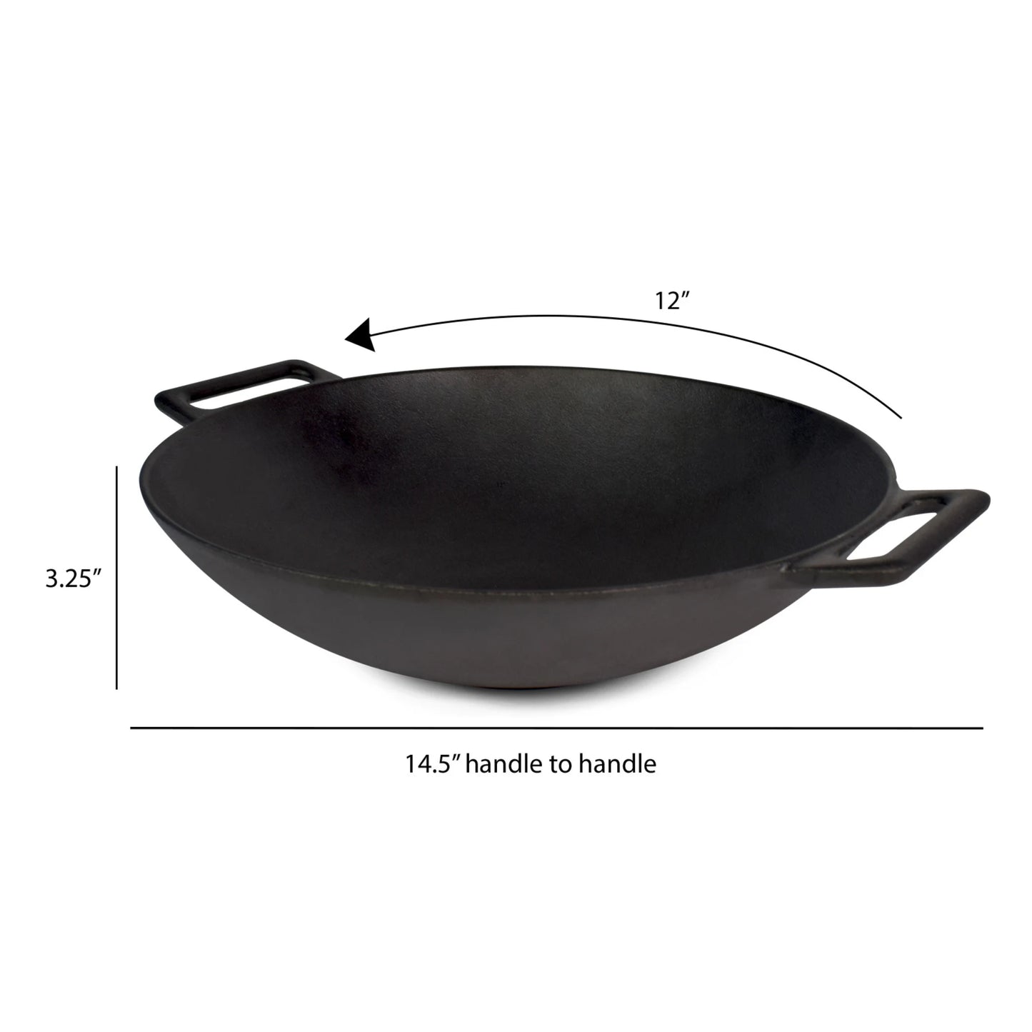 The Jim Beam 12 Cast Iron Wok, pre-seasoned and featuring two side handles, measures 12 in diameter, 3.25 deep, and 14.5 across the handles—ideal for stir-fries and versatile cooking.