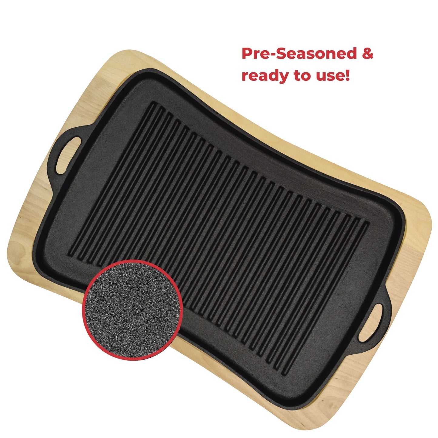 The Jim Beam Cast Iron Grill Pan Set, a black rectangular pan with handles, sits on a wooden board. Text reads, Pre-Seasoned & ready to use! A circular inset highlights its textured surface—the top stovetop grill pan by Jim Beam.