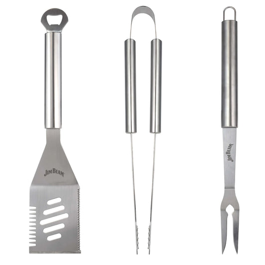 The Jim Beam 3 Piece BBQ Tool Set by Jim Beam features stainless steel tongs, a spatula with a bottle opener, and a BBQ fork, all arranged vertically on a white background to showcase this essential grilling set.