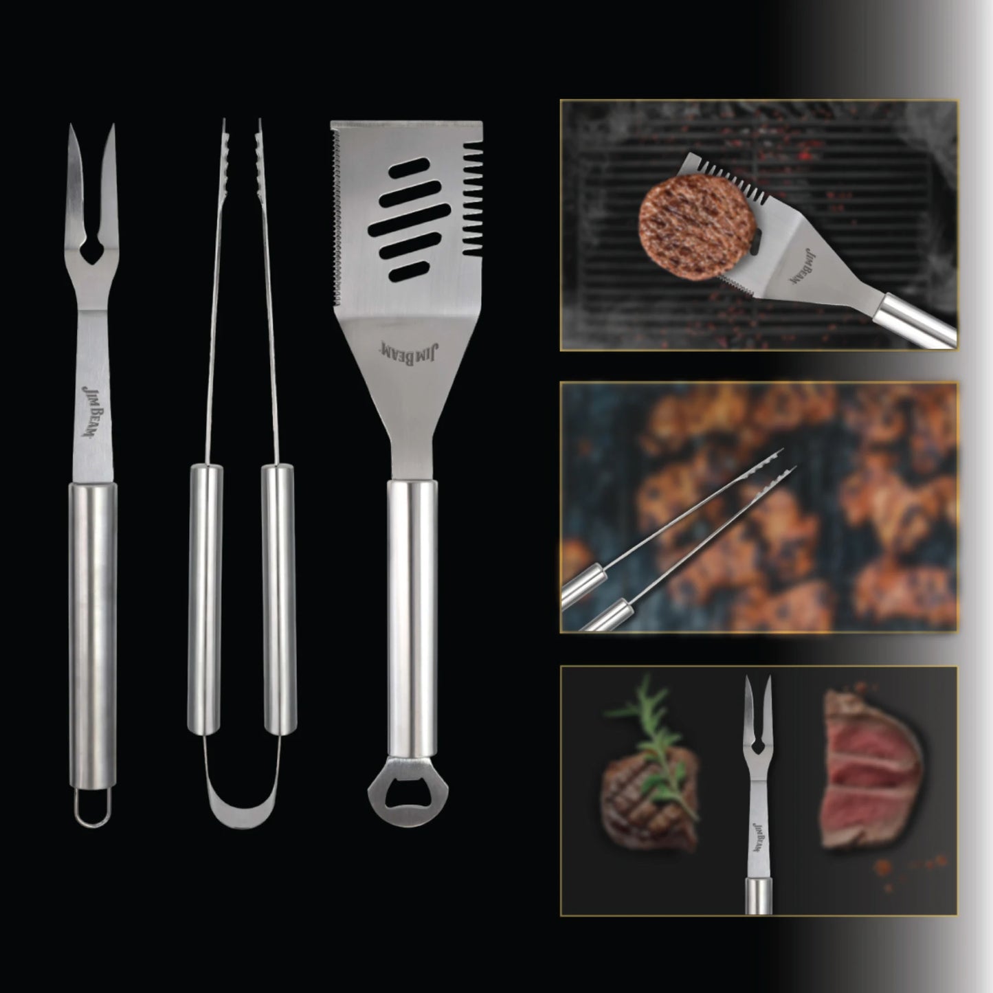 On the left, the Jim Beam 3 Piece BBQ Tool Set—Grilling Fork, tongs, and spatula—is shown. On the right, close-ups feature these Jim Beam tools grilling meat, flipping a patty, and holding steak slices.