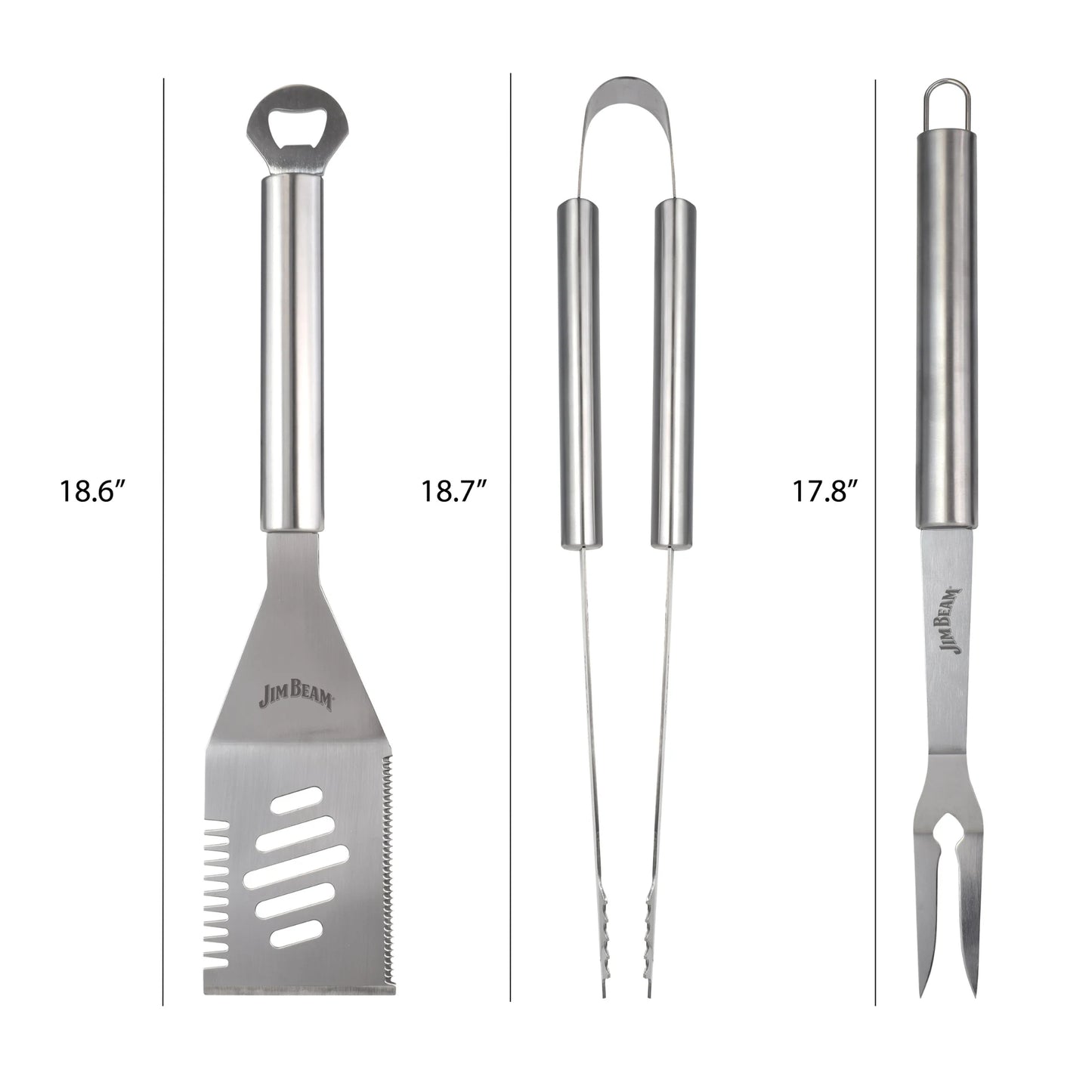 The Jim Beam 3 Piece BBQ Tool Set by Jim Beam features a spatula (18.6), tongs (18.7), and grilling fork (17.8) displayed vertically on a white background, each with its length labeled beside it.