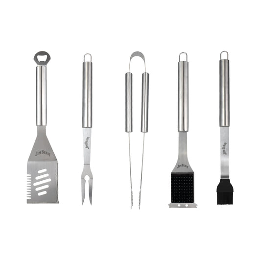 The Jim Beam 5-Piece BBQ Tool Set includes a slotted spatula with a bottle opener, meat fork, tongs, grill brush with scrubber, and basting brush—each stainless steel tool features a hanging loop for convenience.