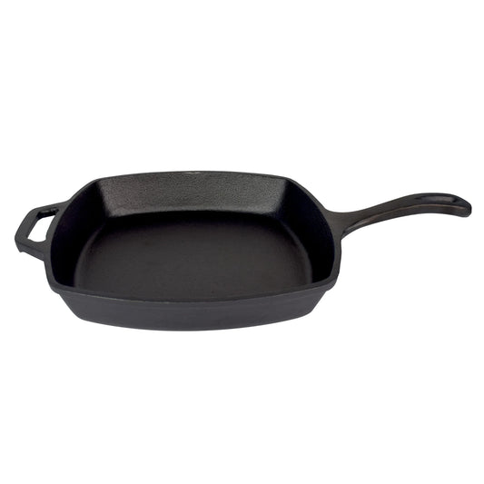 The Jim Beam Cast Iron 10.5 Skillet by Jim Beam is a black, square pre-seasoned skillet with a long handle and a helper handle—ideal for grilling.