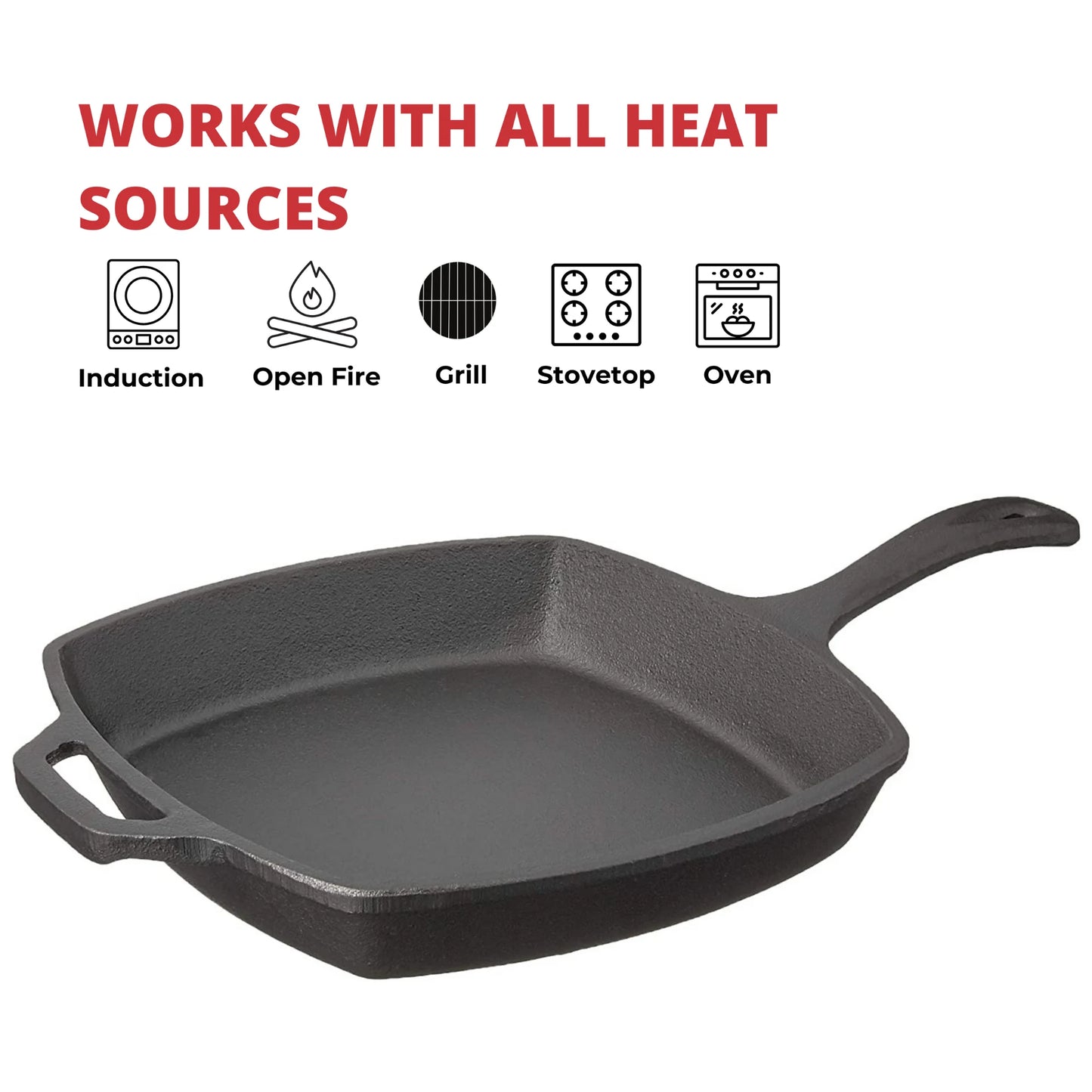 Jim Beam Cast Iron 10.5 Skillet with handle, shown on a white background. Text reads: Works with all heat sources—induction, open fire, grill, stovetop, oven. Jim Beams versatile skillet is perfect for grilling and all types of cooking.