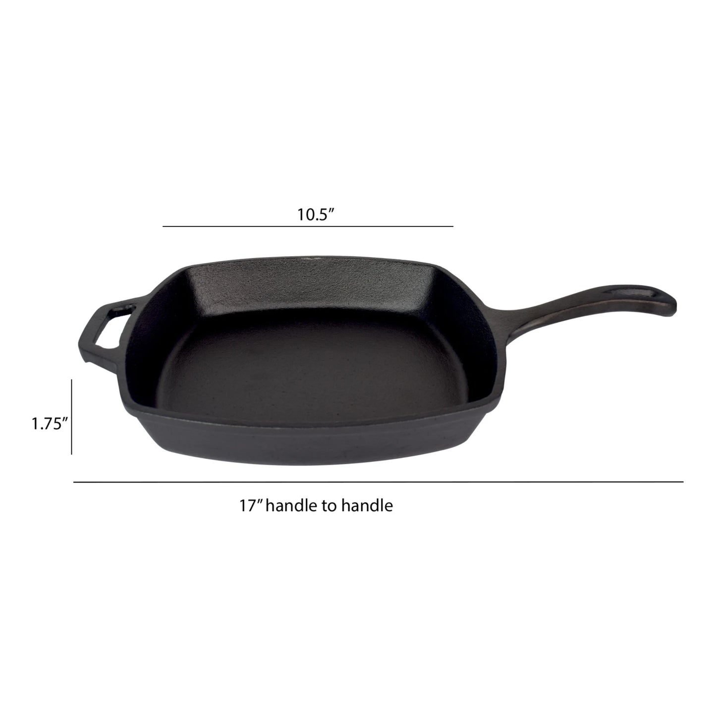The Jim Beam Cast Iron 10.5 Skillet, by Jim Beam, features a long handle and helper handle, measures 10.5 wide, 1.75 deep, and 17 long—perfect for grilling or daily cooking tasks.