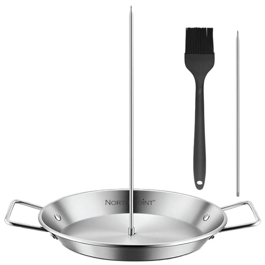 The North Point 4 Piece Skewer Grill Topper Set includes a stainless steel roasting pan with two handles, a vertical BBQ skewer, a long stainless-steel skewer, and a black silicone basting brush.