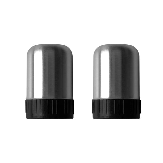 Two stainless steel caps with black ridged bases are shown side by side on a white background, featured as part of the North Point 20 Piece BBQ Tool Set and Carry Case—an essential grilling companion from North Point.