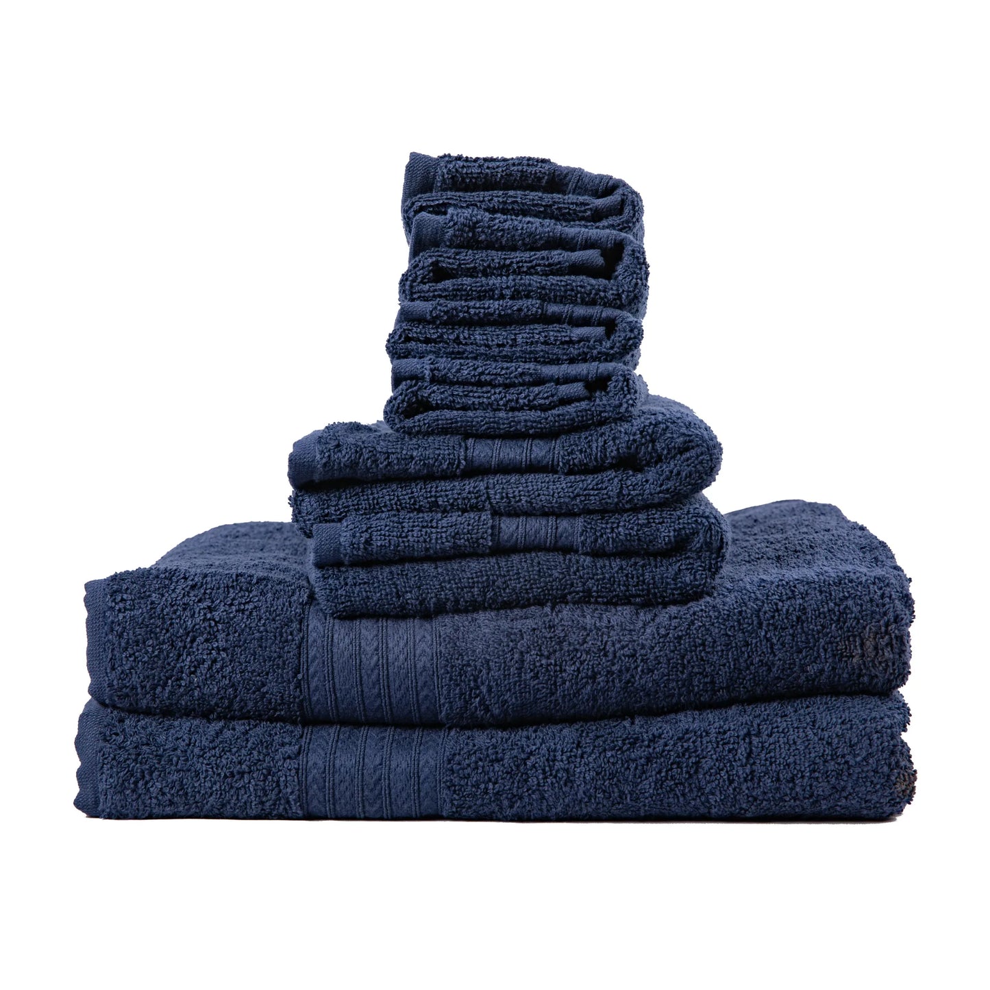 The Textilia Set of 8 Bath Towel Set by Textilia, crafted from 100% combed cotton in blue, is neatly folded and arranged in various sizes against a white background.
