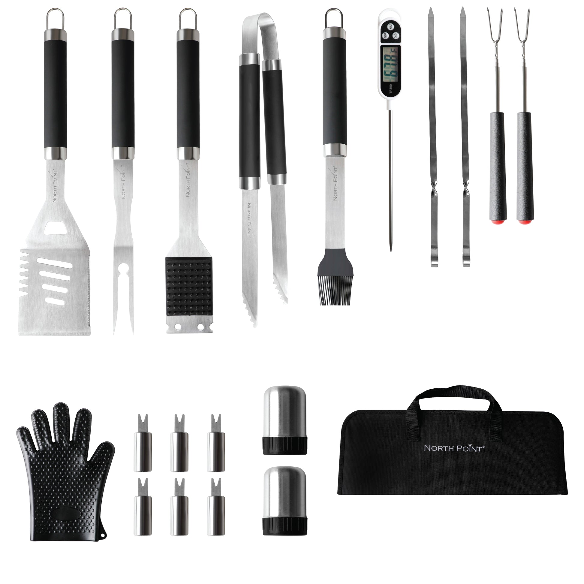 North Point® 20 piece BBQ tool set and carry case with 2 Telescopic Forks, 1 Basting Brush, 1 Grill Brush, 1 Spatula, 1 Fork, 1 Tongs, 2 Skewers, 1 Thermometer, 1 Mitten, 6 Corn Holders and 1 Pair of Salt and Pepper Shaker