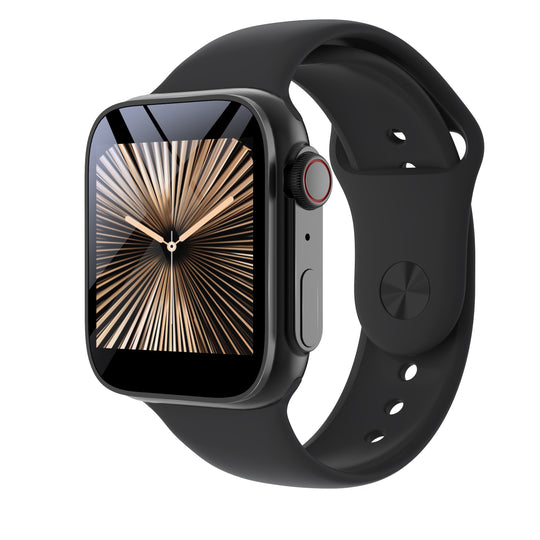 The North Point Bluetooth Smart Watch for Android iOS in black, featuring a square face with an abstract gold sunburst watch face, is shown at an angle on a white background—ideal for fitness tracking and health monitoring.