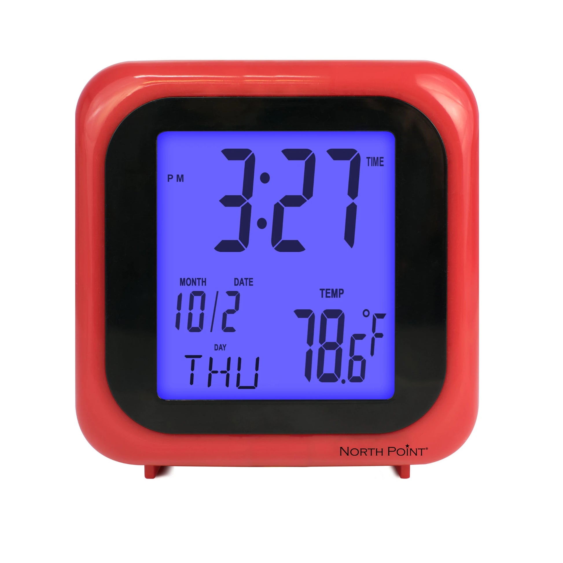 The North Point Red Digital Clock with Indoor Temperature shows 3:27 PM, Thursday, 10/2, and an indoor temp of 78.6°F on a blue backlit screen. Alarm and snooze features are included, with the North Point brand visible at the bottom.