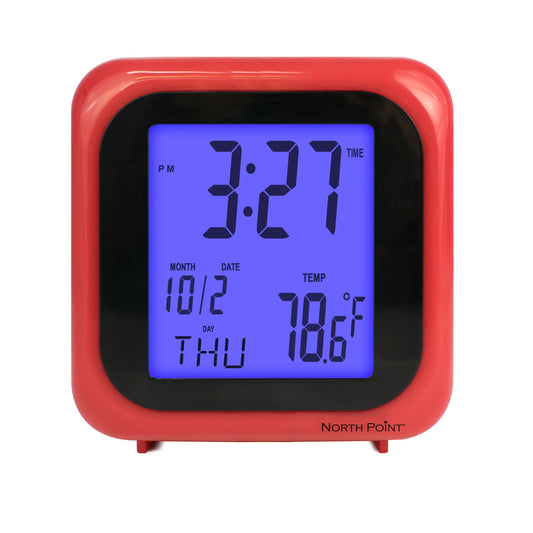 The North Point Red Digital Clock with Indoor Temperature shows 3:27 PM, Thursday, 10/2, and an indoor temp of 78.6°F on a blue backlit screen. Alarm and snooze features are included, with the North Point brand visible at the bottom.