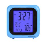 The North Point Blue Digital Clock with Indoor Temperature by North Point shows 3:27 PM, 10/2, Thursday, and 78.6°F on a bright backlit screen, featuring convenient alarm and snooze functions.