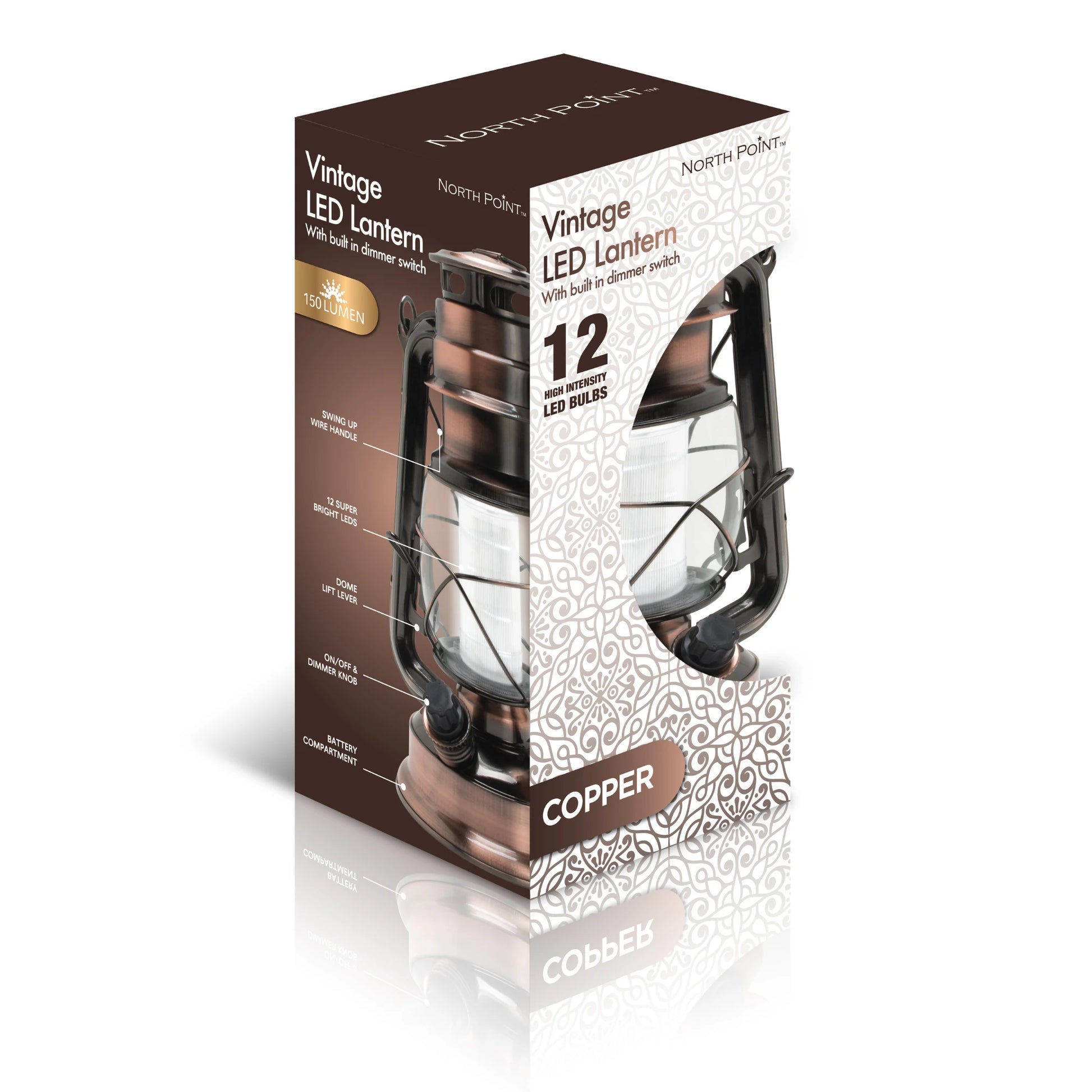 The North Point Vintage LED Lantern with Built-in Dimmer Switch – Copper box highlights its copper metallic finish, 12 LED bulbs, carry handle, dimmer switch, and a stylish patterned design. Brand: North Point.
