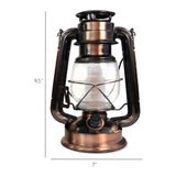 The North Point Vintage LED Lantern with Built-in Dimmer Switch in copper, measuring 9.5 tall by 7 wide, is displayed on a white background with measurement lines.