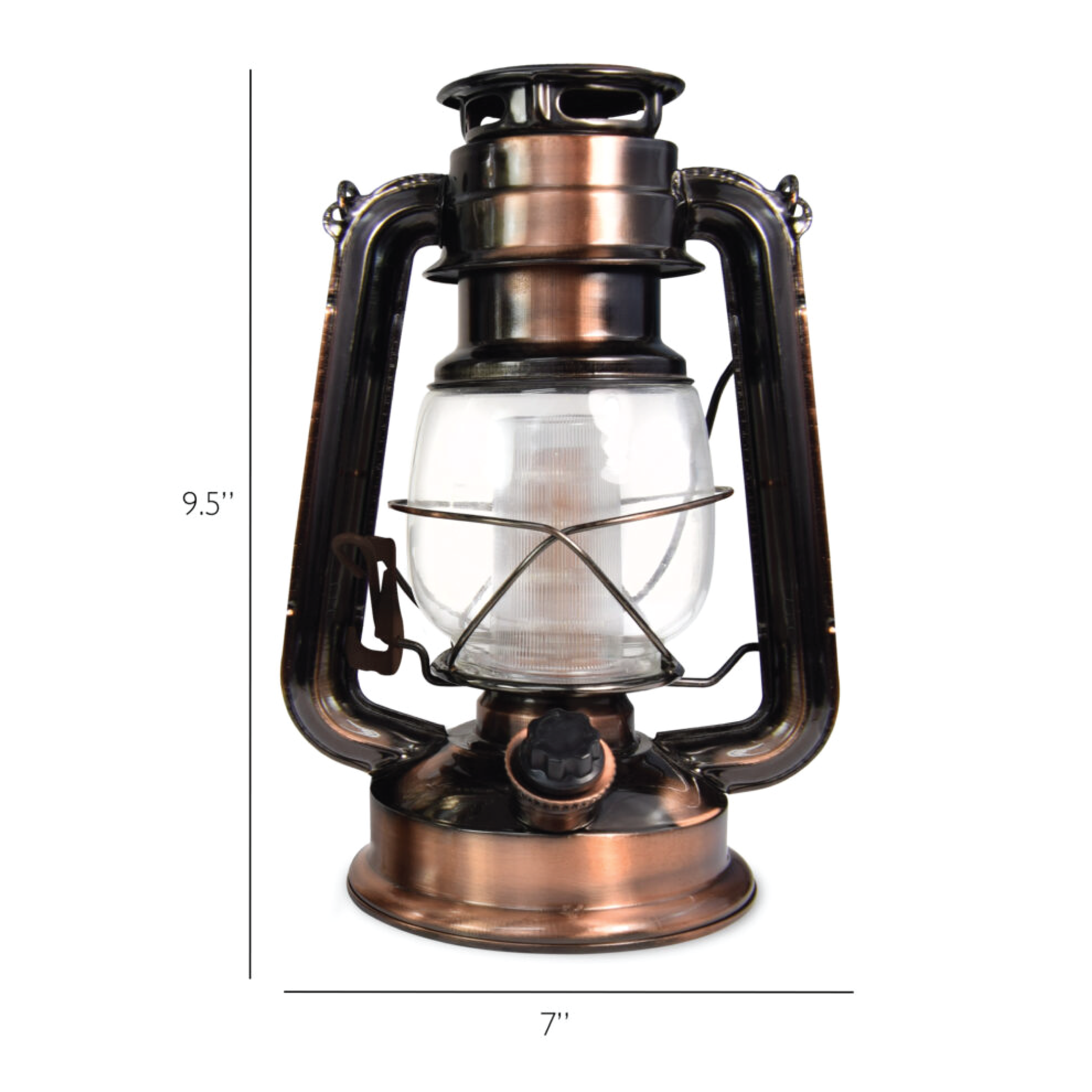 North Point® Vintage LED Lantern in copper, standing at 9.5" tall and measuring 7" wide.