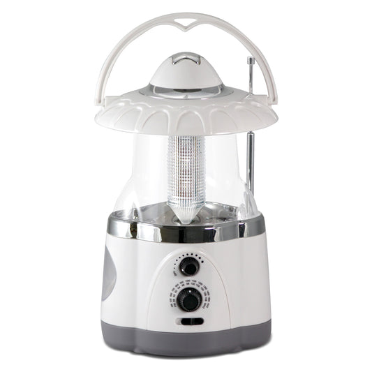 North Point® white multifunction lantern & flashlight with built-in AM/FM radio having grey base with one silver antenna and white handle displaying on a white background.