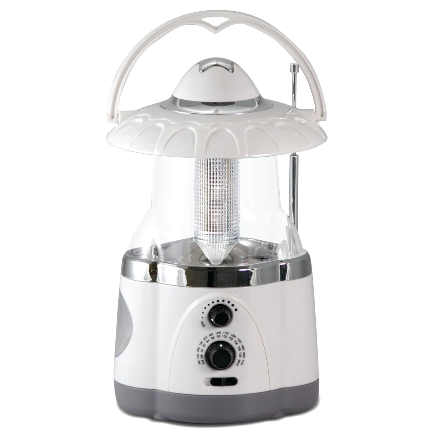 North Point® AM/FM radio lantern in white, featuring 12 bright LED bulbs, central reflector, 4 ultra-bright LED flashlight, and fold away carry handle.