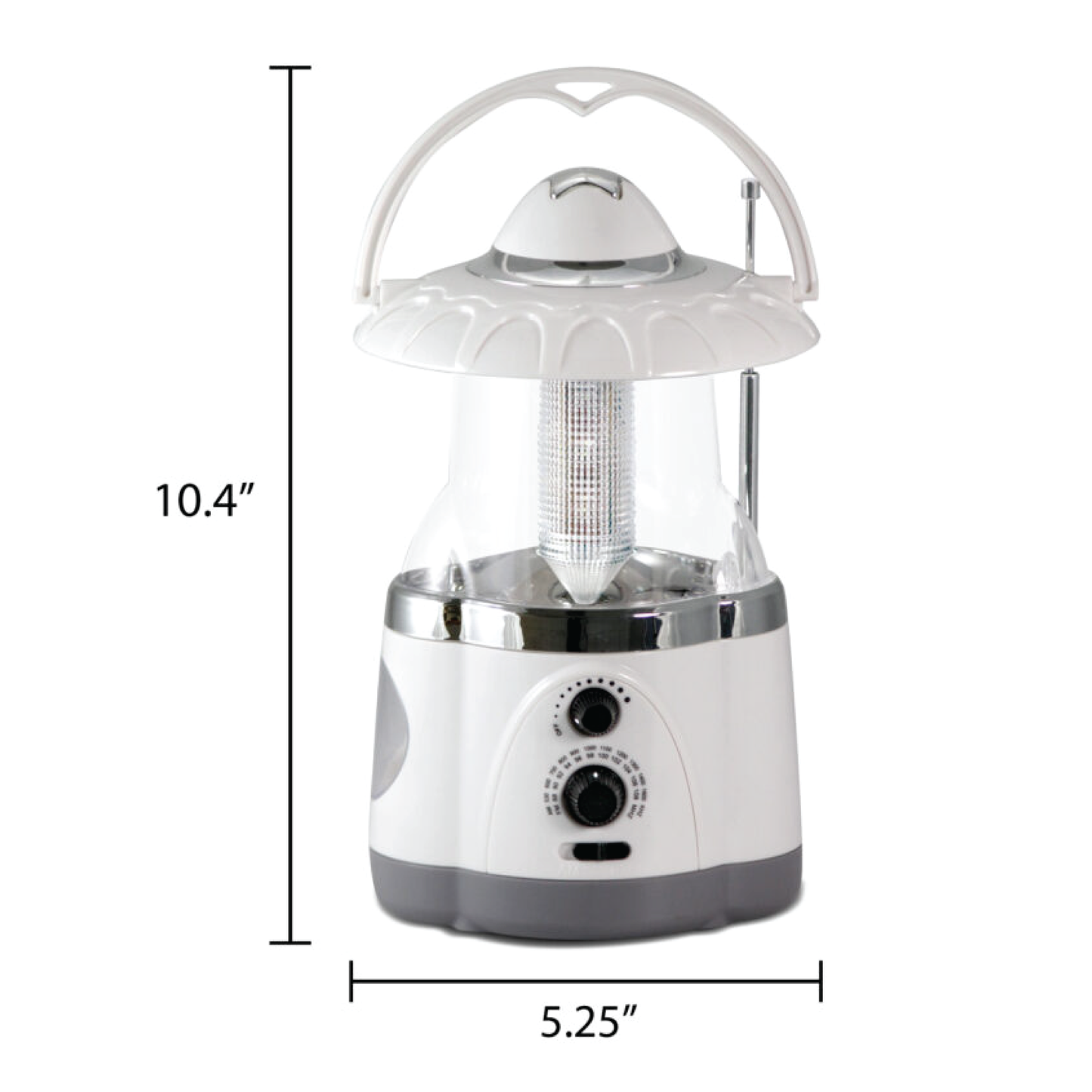 North Point® white AM/FM radio lantern, standing at 10.4" tall and measuring 5.25" wide.