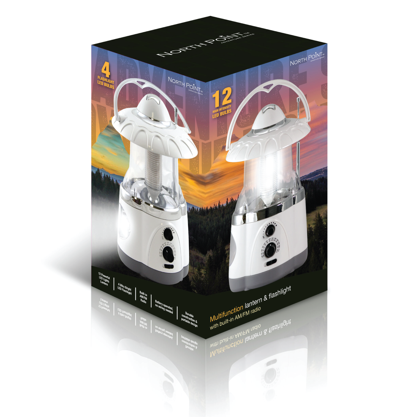 The North Point® white AM/FM radio lantern box image showcases a white camping lantern illuminating with a white light.