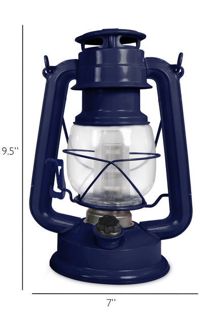 North Point® silent night vintage LED lantern having light inside with transparent outer cover with built-in dimmer switch and one silent night handle displaying on a white background, featuring measurements indicating a 9.5-inch length, and 7-inch width.