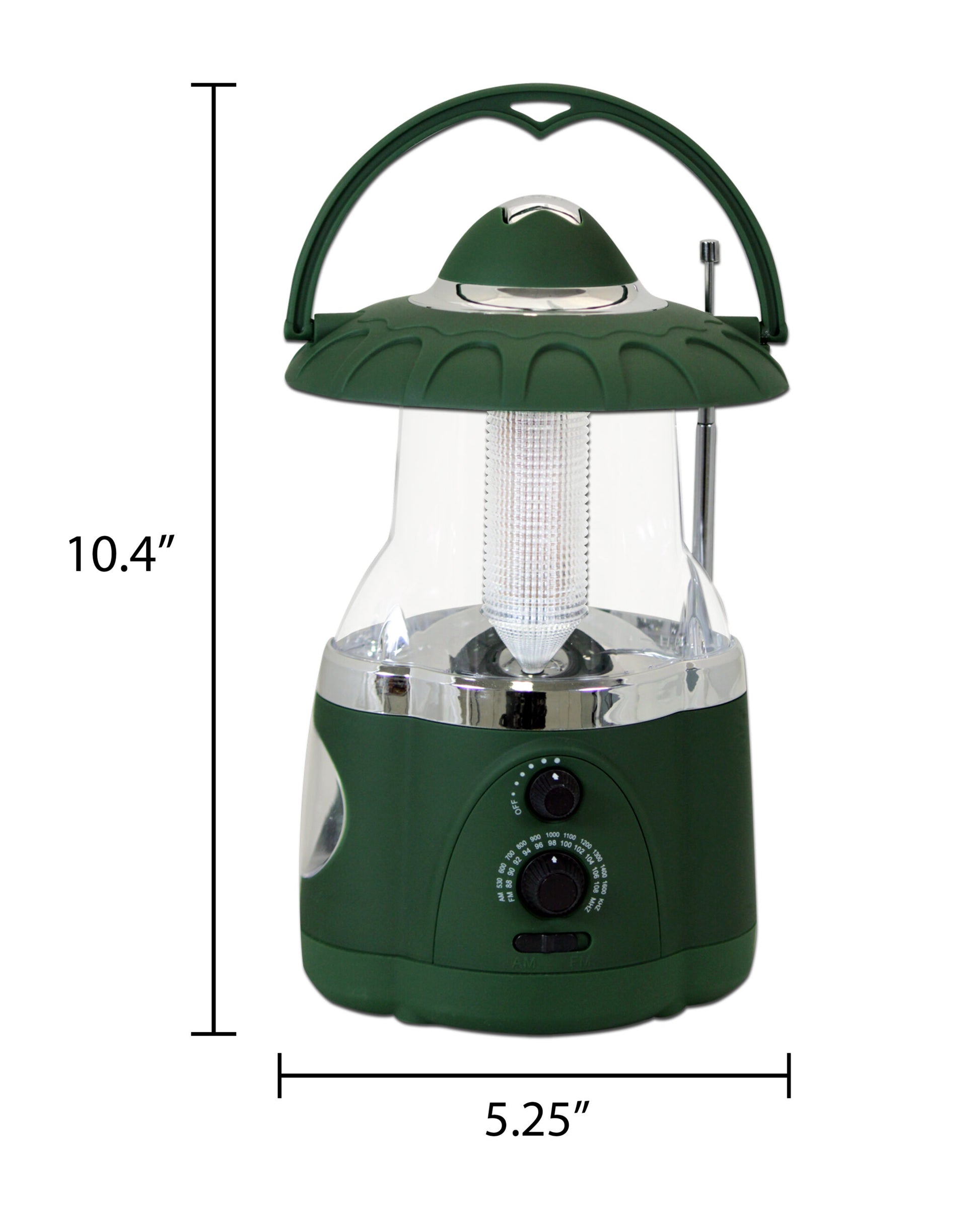 North Point® green multifunction lantern & flashlight with built-in AM/FM radio with one silver antenna and green handle displaying on a white background, featuring measurements indicating a 10.4-inch length, and 5.25-inch width.