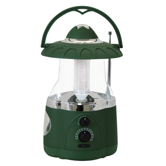 North Point® AM/FM radio lantern in green, featuring 12 bright LED bulbs, central reflector, 4 ultra-bright LED flashlight, and fold away carry handle.