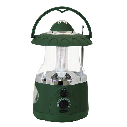 The North Point Multifunction Lantern & Flashlight features a handle, control knobs, built-in AM/FM radio with antenna, and transparent green design—ideal for outdoor use.