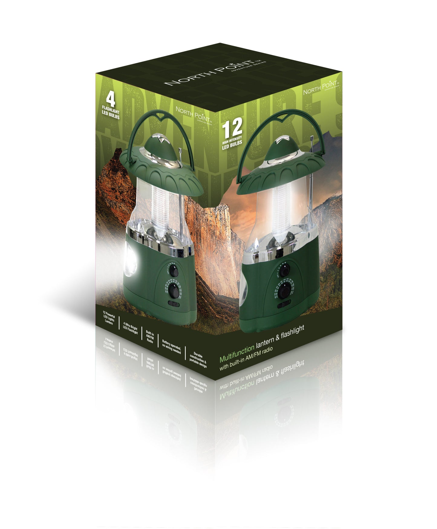 Colorful box packaging with some text and North Point® green multifunction lantern & flashlight with built-in AM/FM radio with one silver antenna and green handle product image.