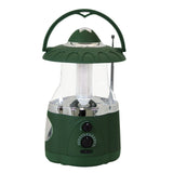The North Point Multifunction Lantern & Flashlight features a handle, control knobs, built-in AM/FM radio with antenna, and transparent green design—ideal for outdoor use.